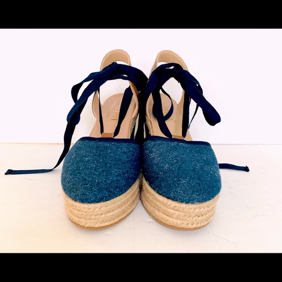Gorgeous blue denim espadrille tie-up shoes platform wedges leather sling back - Picture 3 of 10